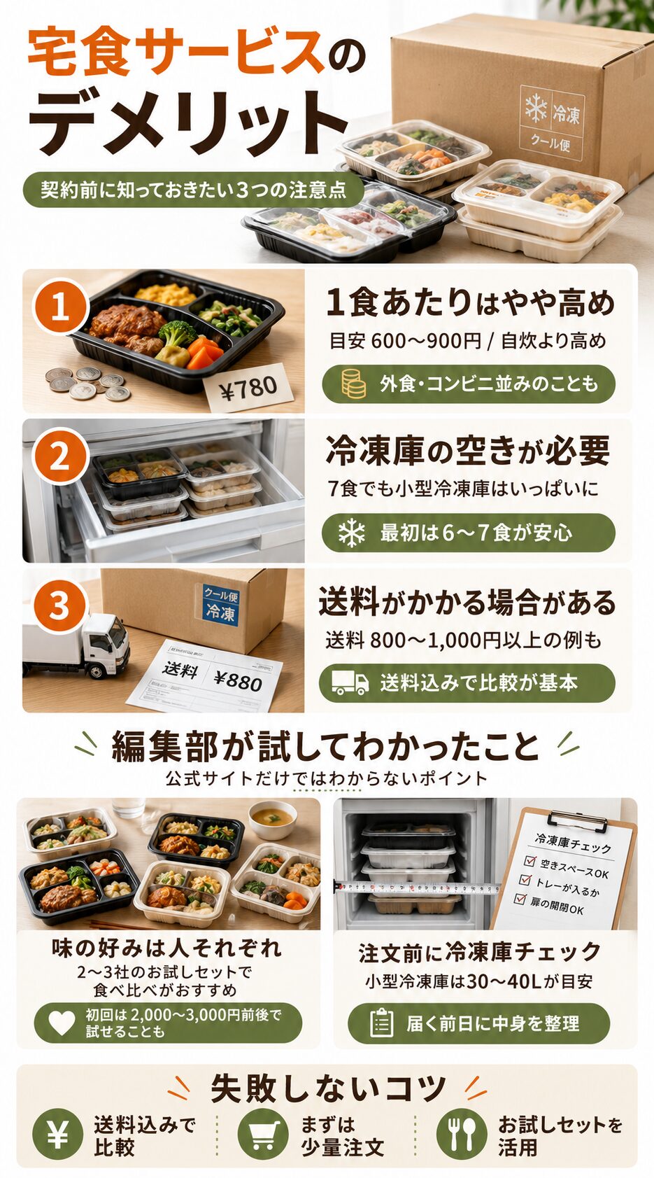 宅食サービスのデメリット・契約前に知っておきたい3つの注意点|1食あたりはやや高め、冷凍庫の空きが必要、送料がかかる場合がある。編集部が試してわかった冷凍庫チェックと失敗しないコツも図解