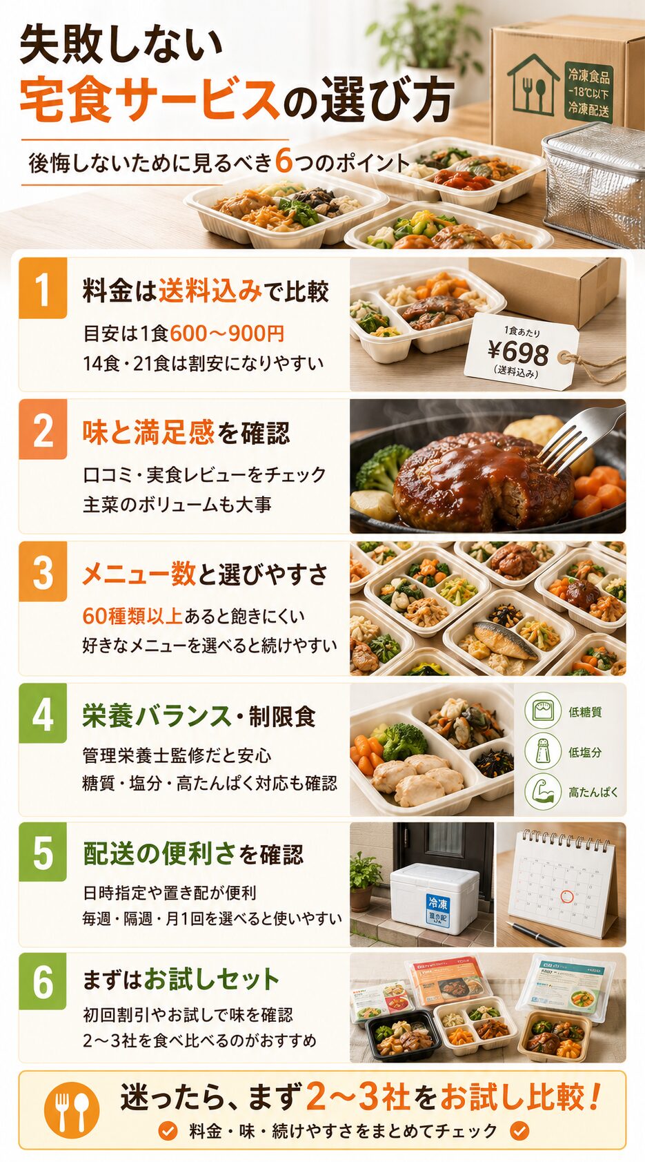 失敗しない宅食サービスの選び方6つのポイント|料金は送料込みで比較・味と満足感・メニュー数・栄養バランスと制限食・配送の便利さ・お試しセットを図解