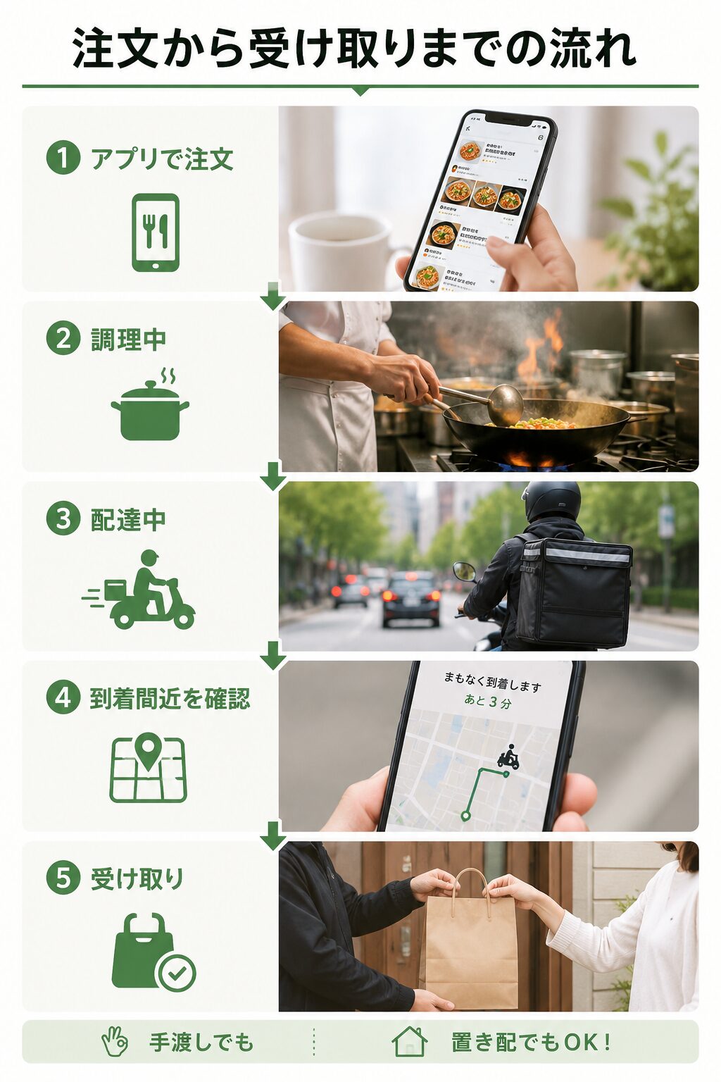 フードデリバリーの注文から受け取りまでの流れを示した図解。アプリで注文、調理中、配達中、到着間近を確認、受け取りの5ステップで、手渡しでも置き配でも受け取れる
