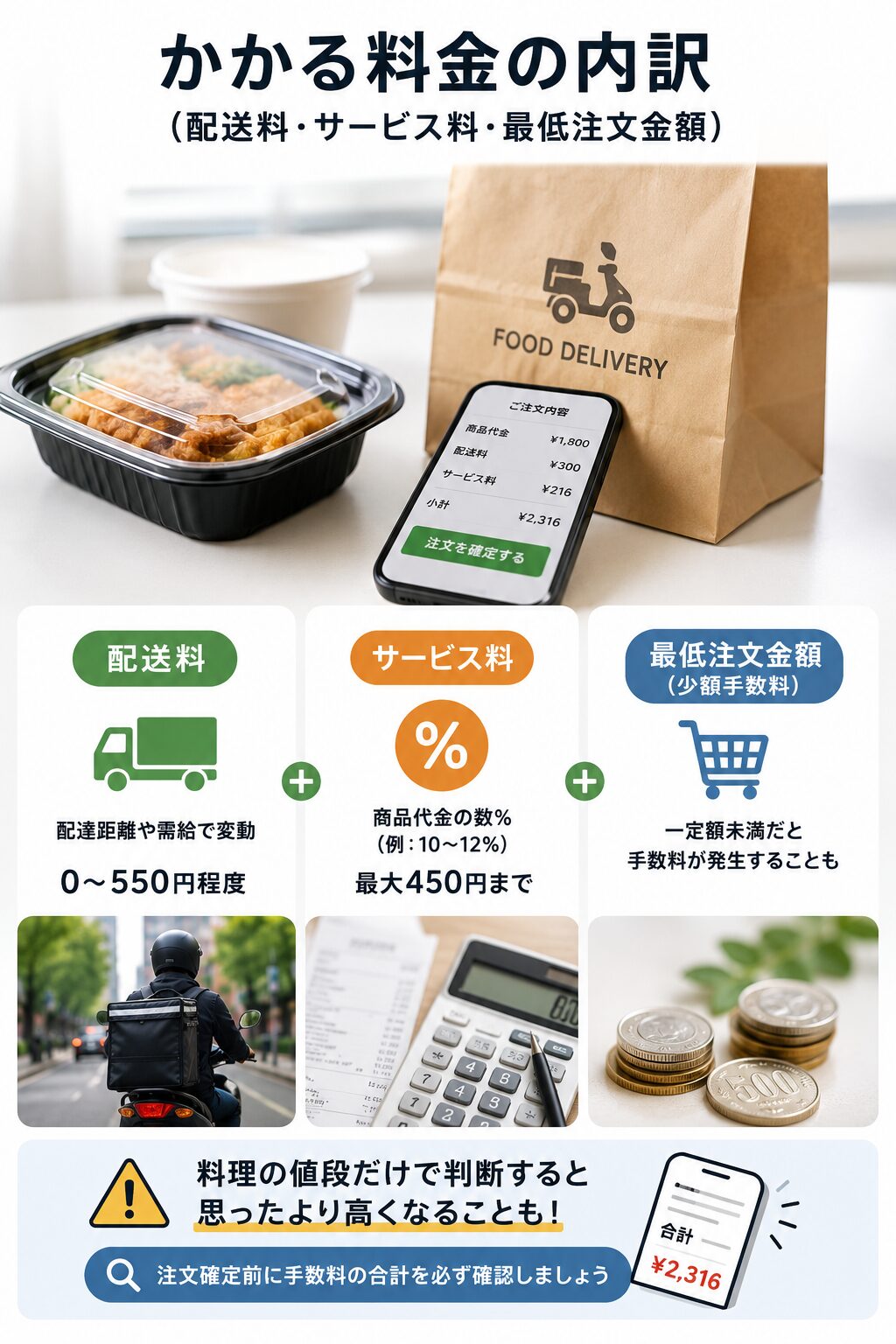 フードデリバリーでかかる料金の内訳を示した図解。配送料は0〜550円程度、サービス料は商品代金の10〜12%程度で最大450円、最低注文金額に満たないと少額手数料が発生する