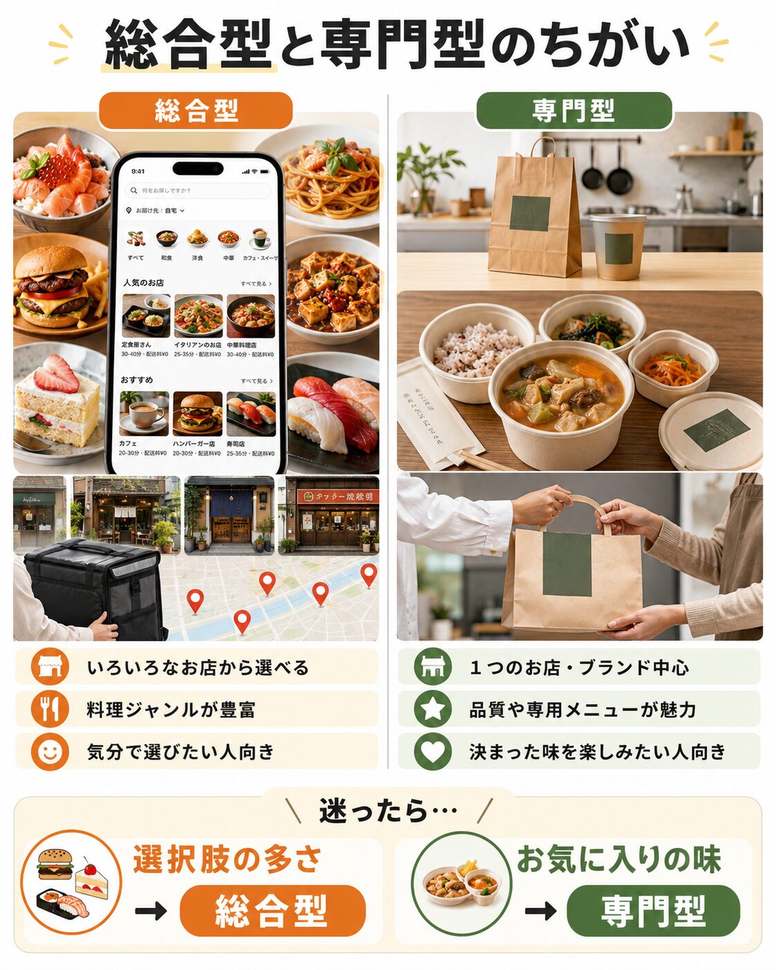 フードデリバリーの総合型と専門型のちがいを比較した図解。総合型はいろいろなお店から選べて料理ジャンルが豊富、専門型は1つのお店・ブランド中心で品質や専用メニューが魅力
